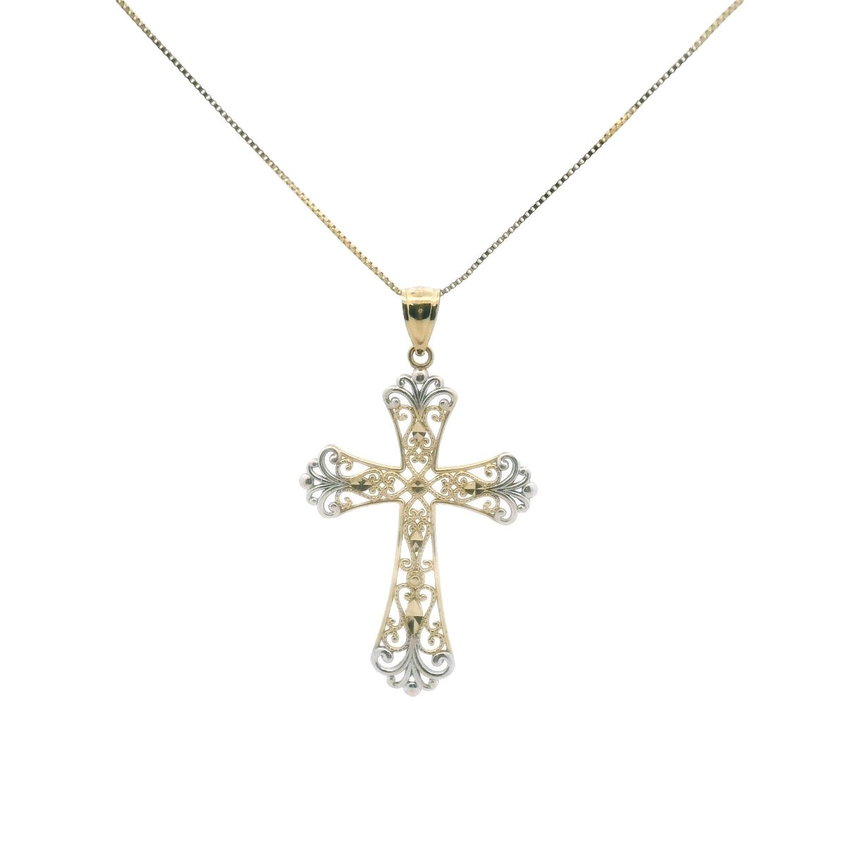 14K Two Tone Gold Filigree Wirework Cross Necklace