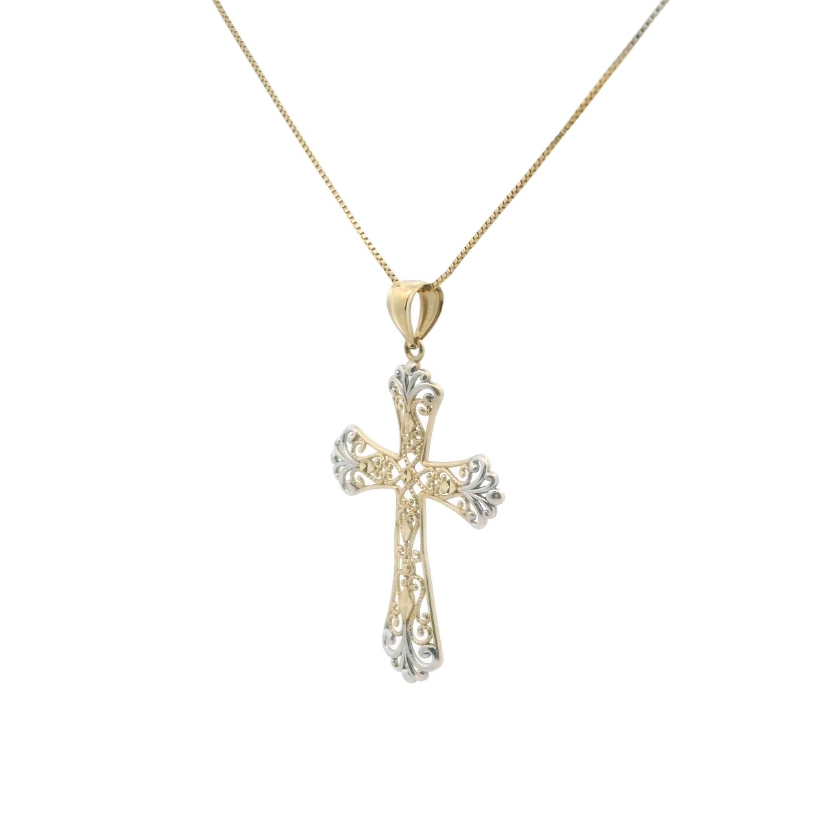 14K Two Tone Gold Filigree Wirework Cross Necklace