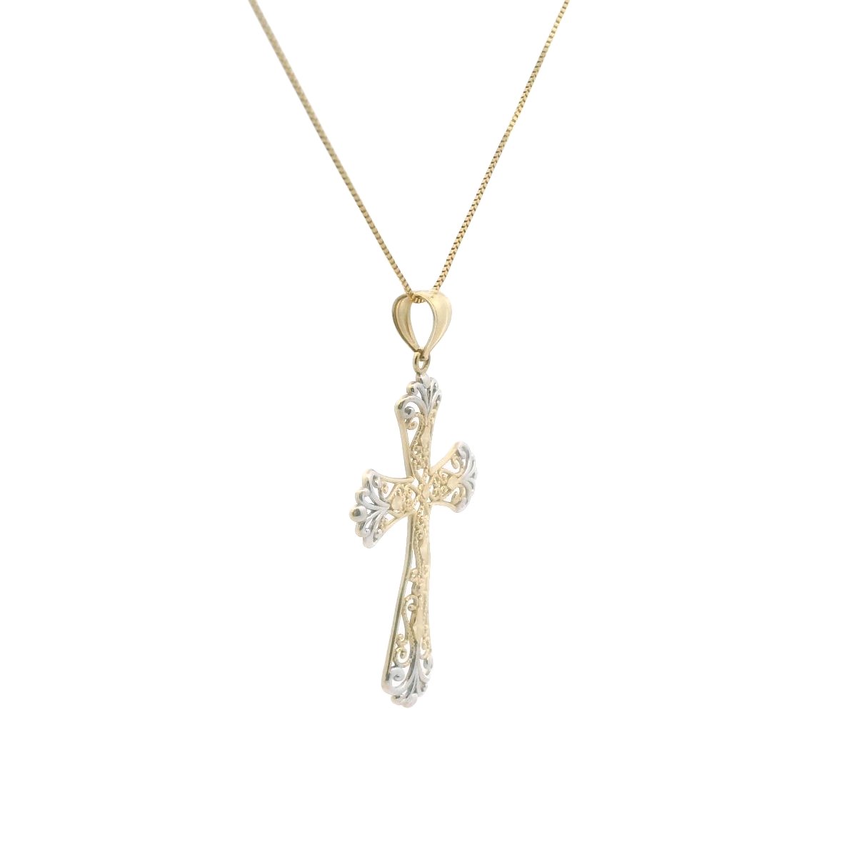 14K Two Tone Gold Filigree Wirework Cross Necklace