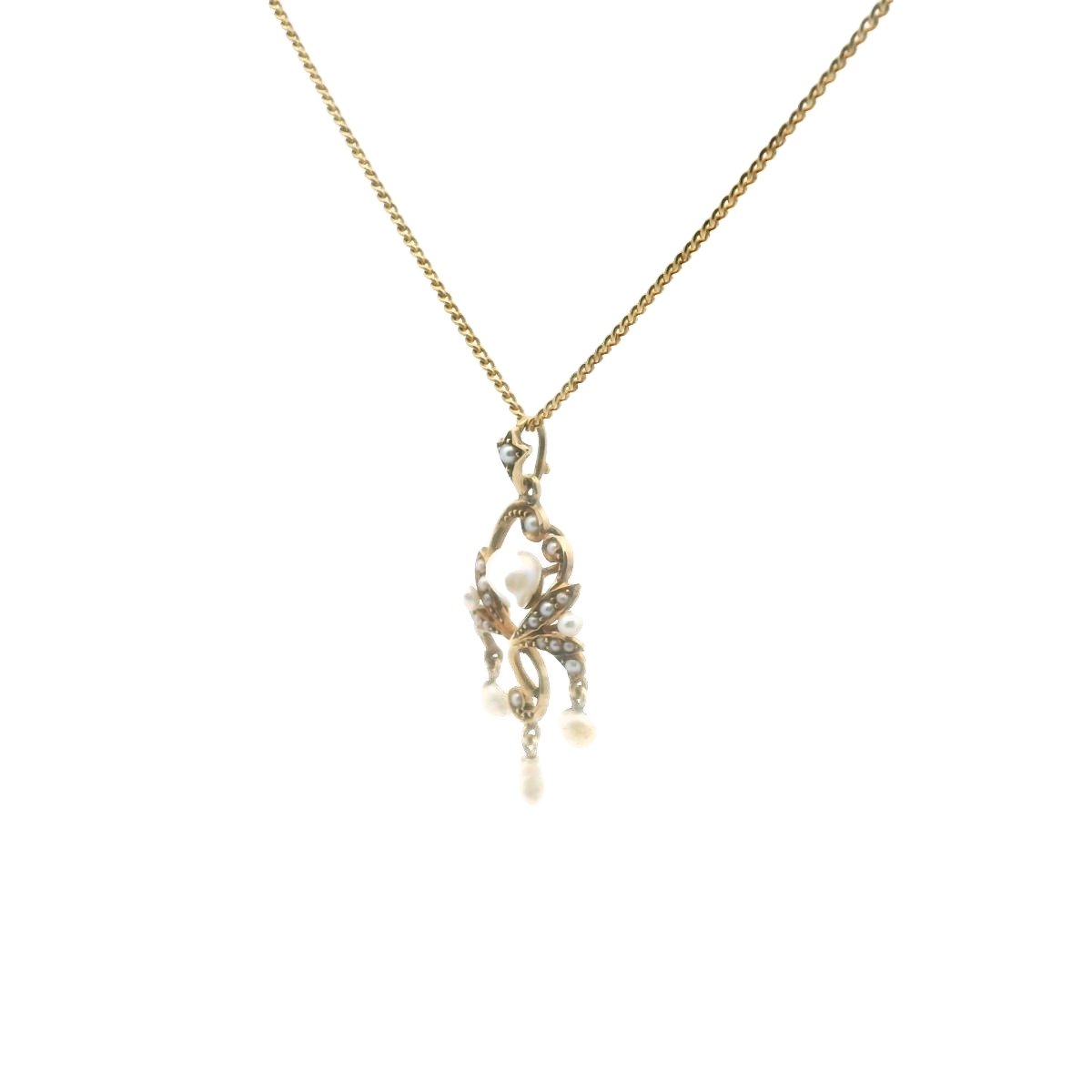 Edwardian 14K Yellow Gold Natural Pearl Lavalier Necklace