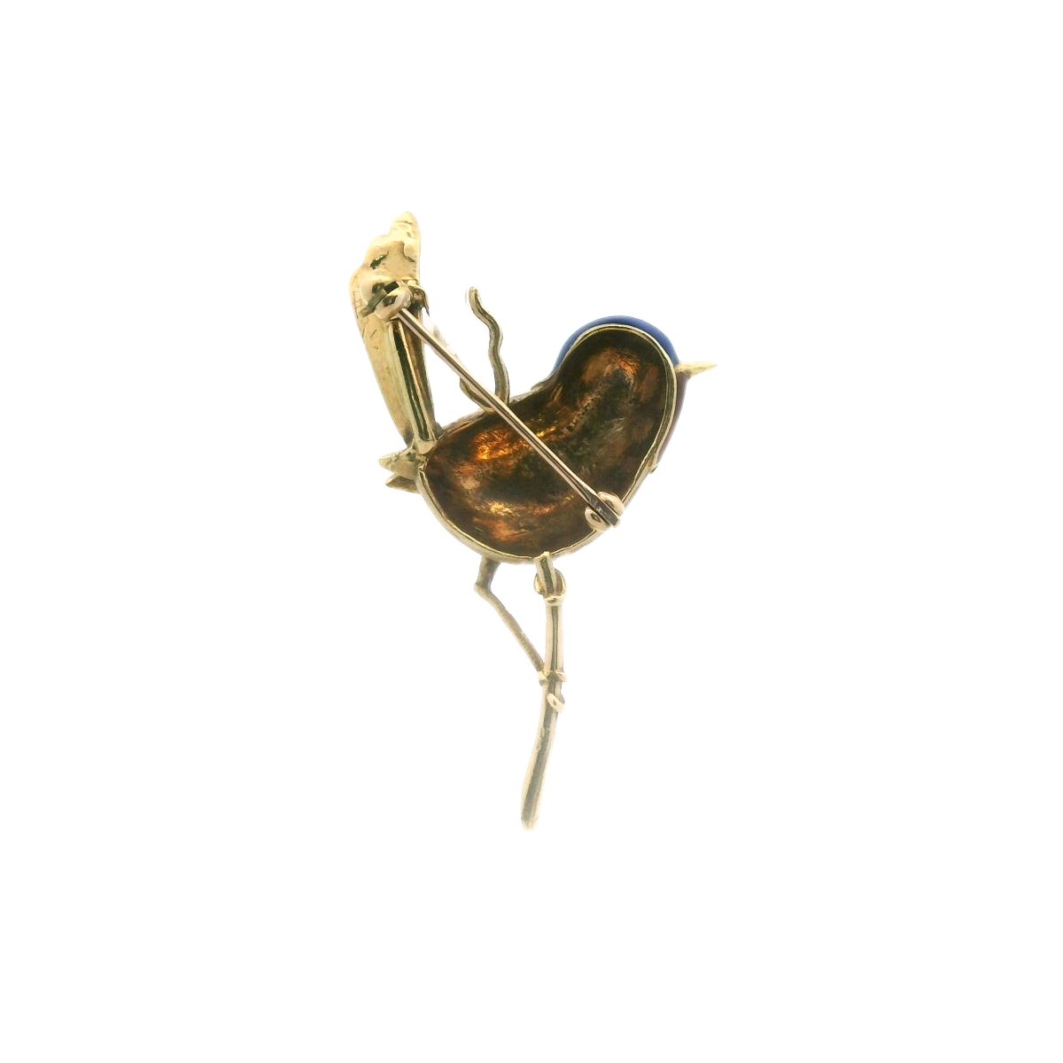 Vintage 18K Yellow Gold Enamel Bird Brooch