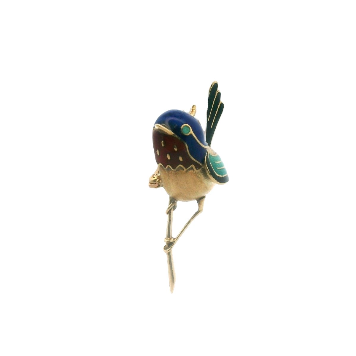 Vintage 18K Yellow Gold Enamel Bird Brooch