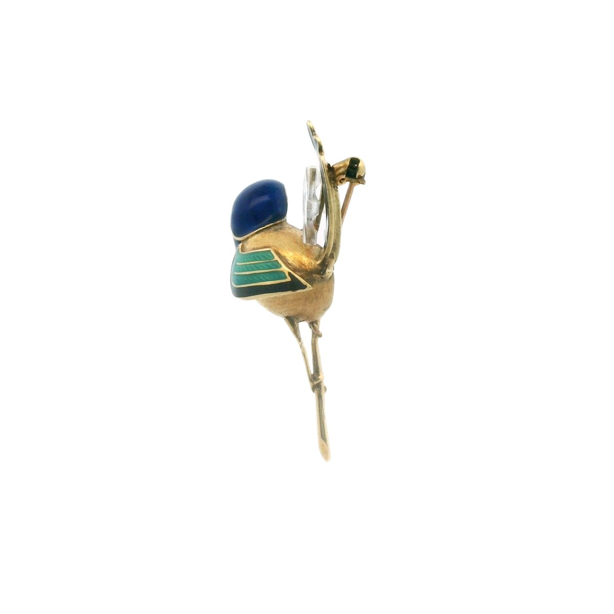 Vintage 18K Yellow Gold Enamel Bird Brooch