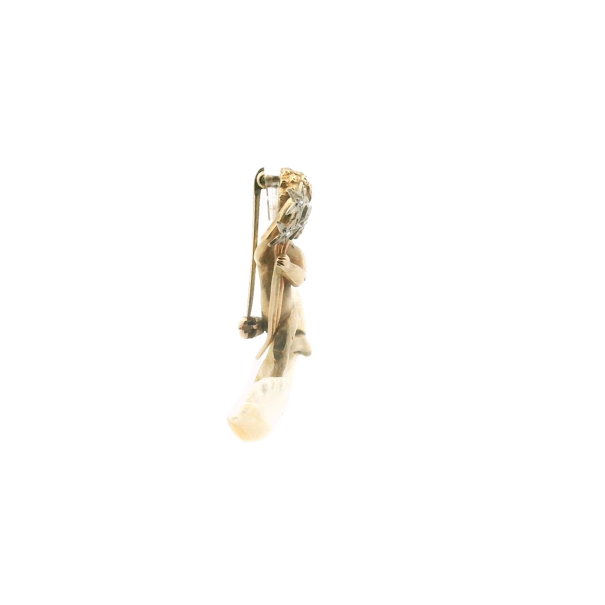 Vintage 14K Two Tone Gold Diamond & Pearl Cherub Brooch AS IS