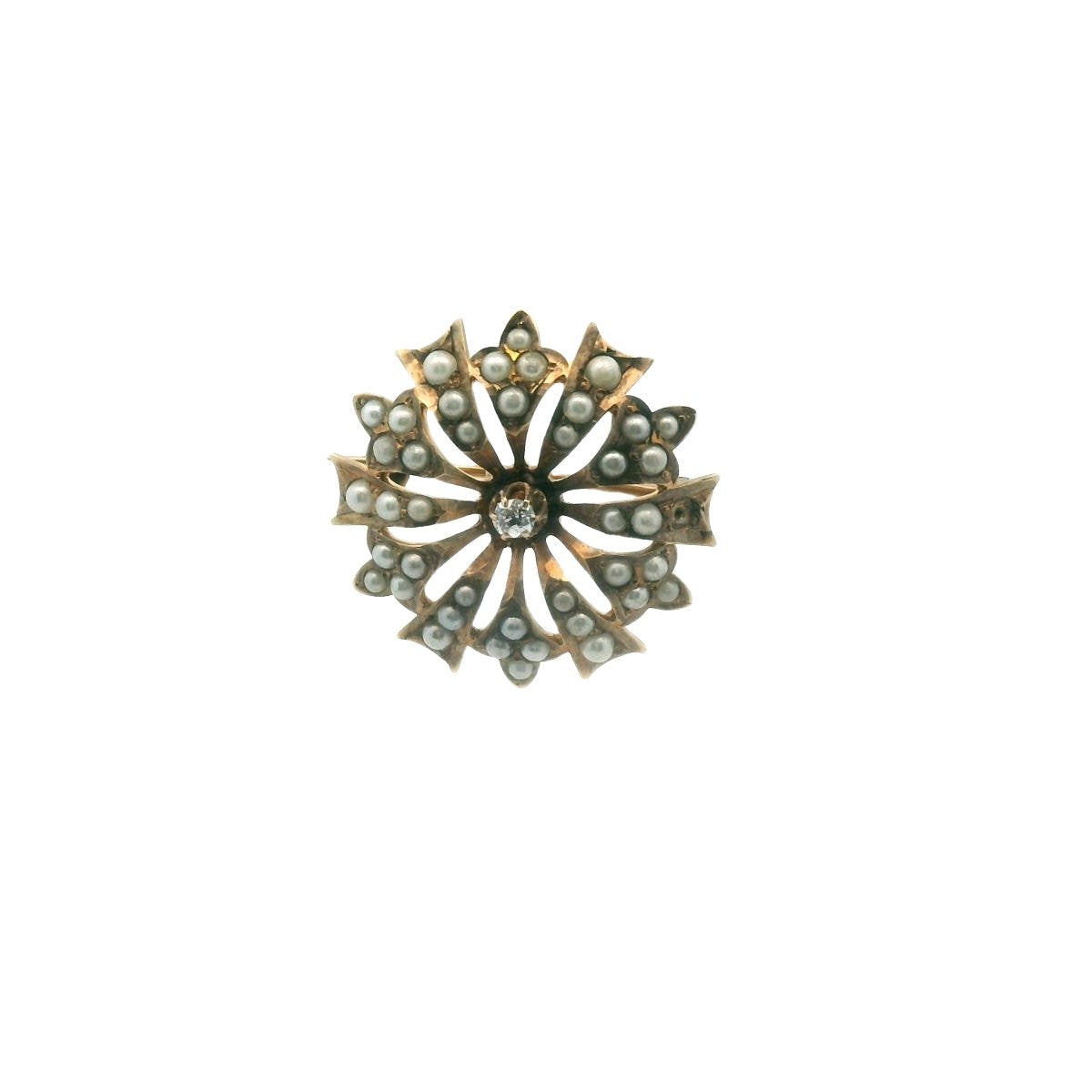 Antique Victorian 10K Yellow Gold Diamond & Seed Pearl Brooch