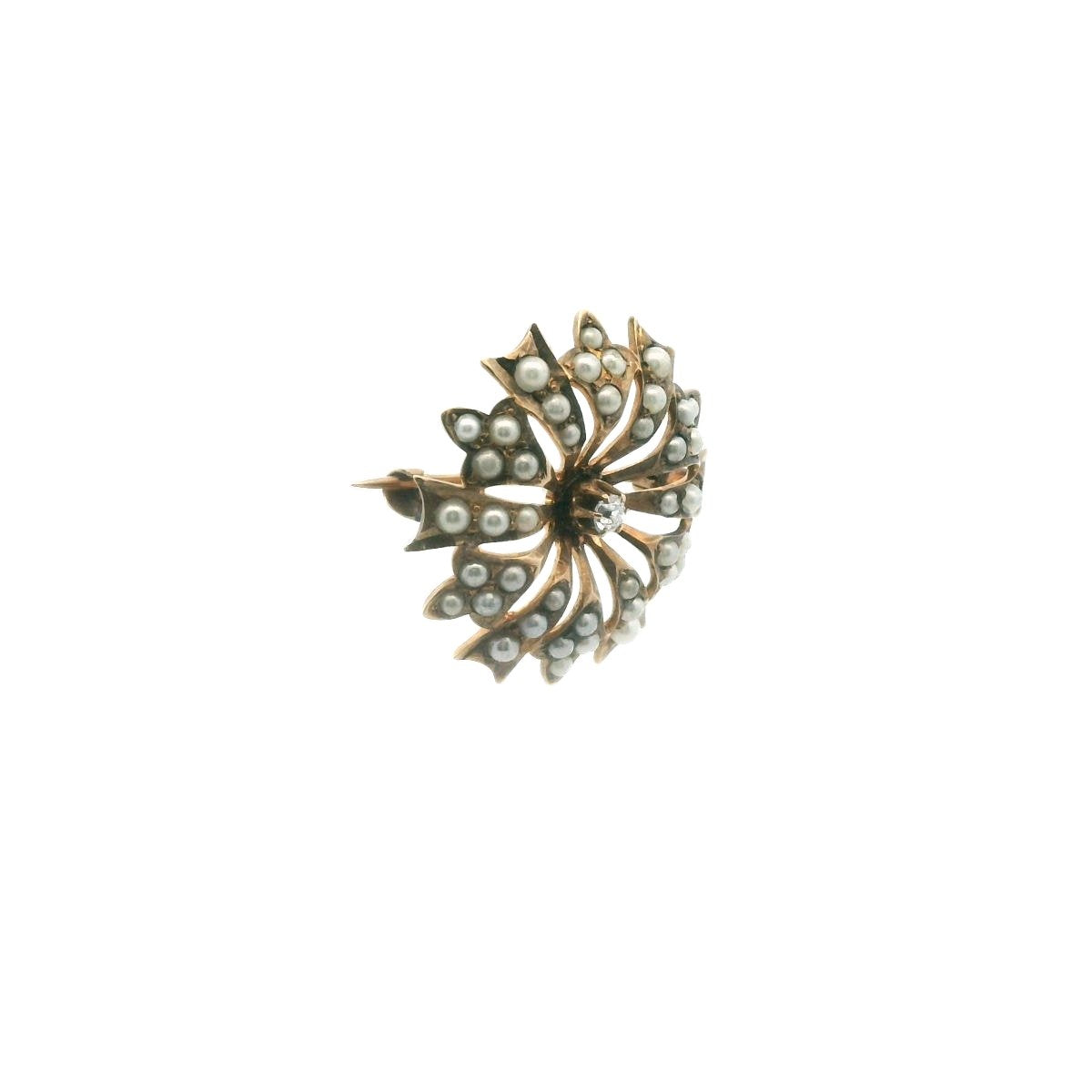 Antique Victorian 10K Yellow Gold Diamond & Seed Pearl Brooch