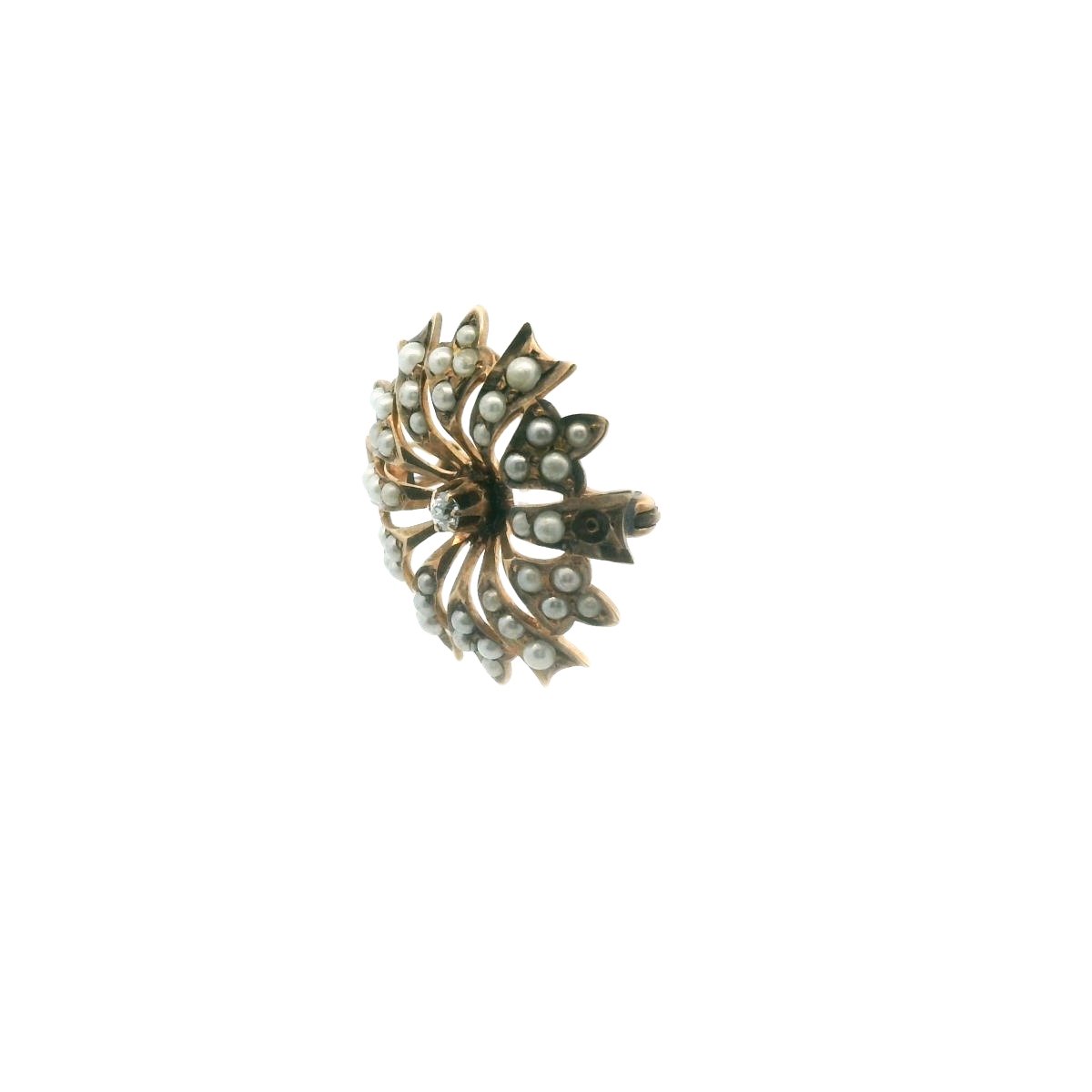 Antique Victorian 10K Yellow Gold Diamond & Seed Pearl Brooch