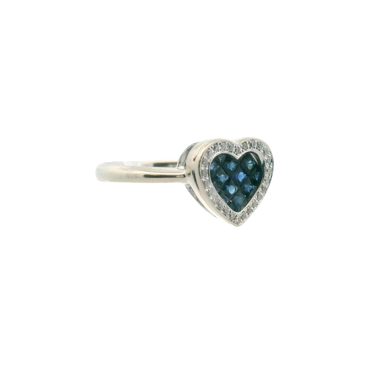 14K White Gold Invisible Set Sapphire & Diamond Heart Ring
