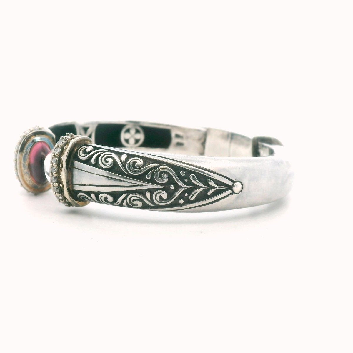 18K White Gold & Sterling Silver Diamond Pink Stone Bangle