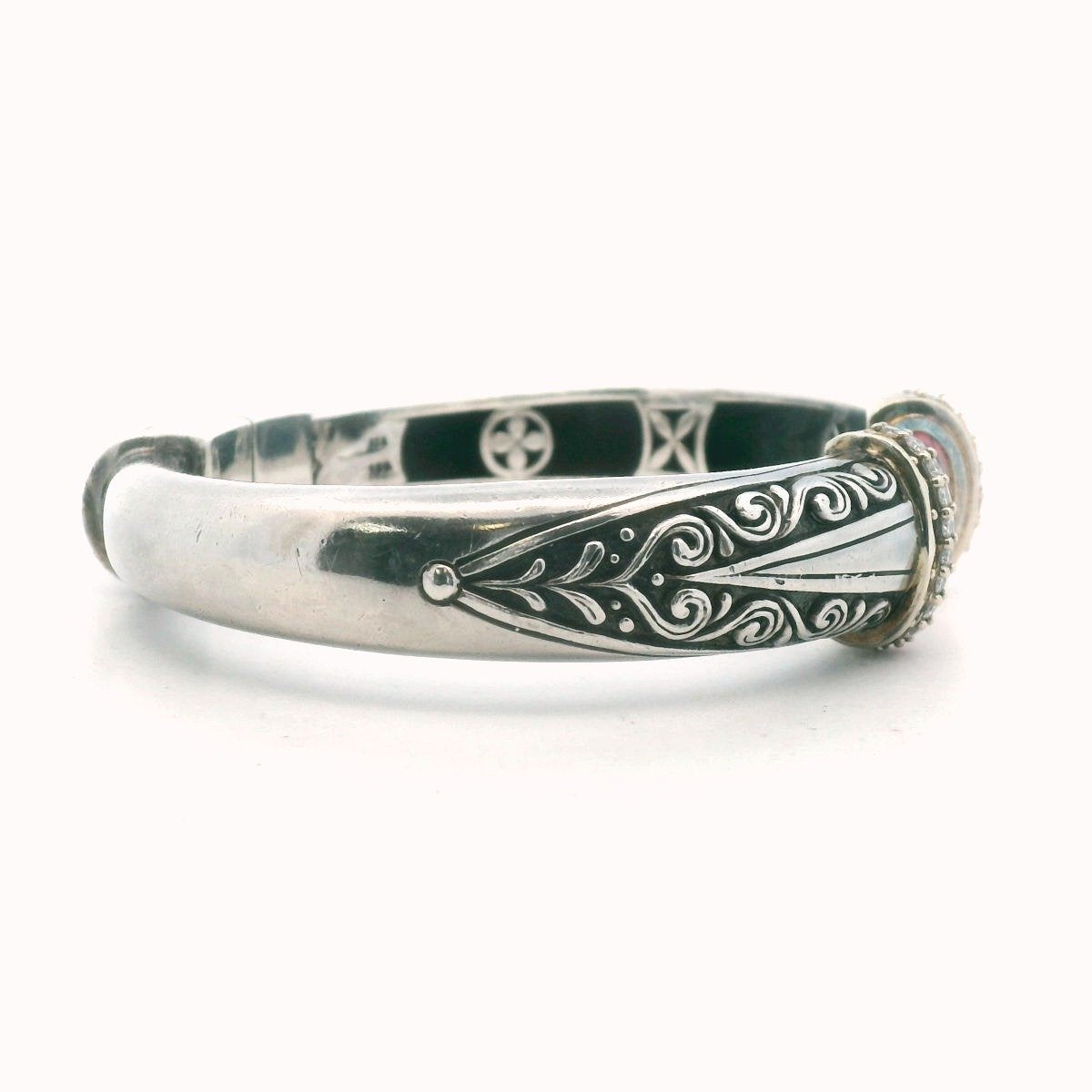 18K White Gold & Sterling Silver Diamond Pink Stone Bangle