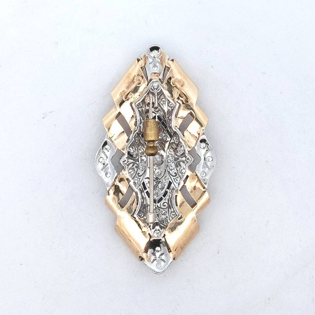 Vintage 14K Yellow Gold & Platinum Diamond Lab Sapphire Pin