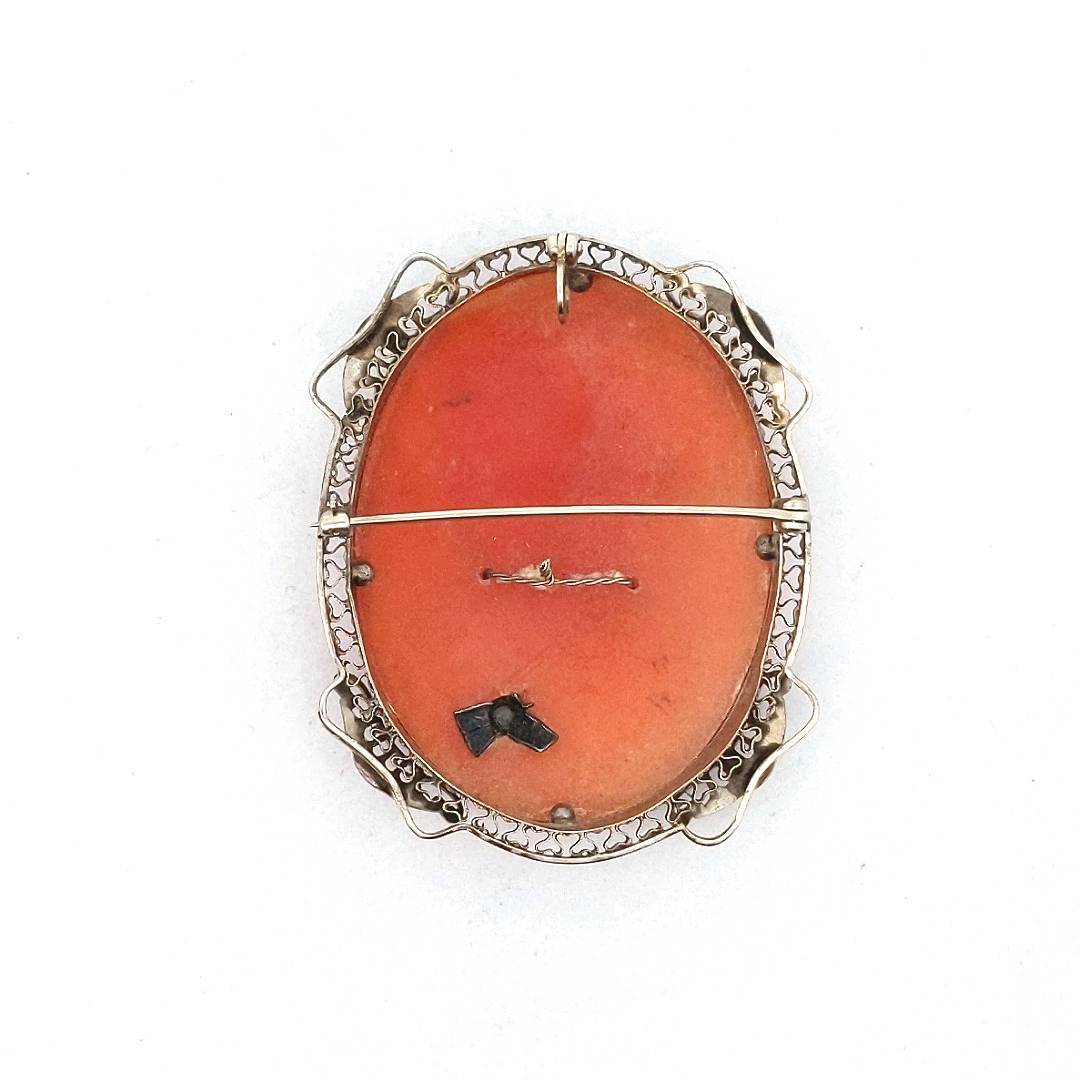Antique 14K White Gold Diamond Carved Shell Cameo Brooch
