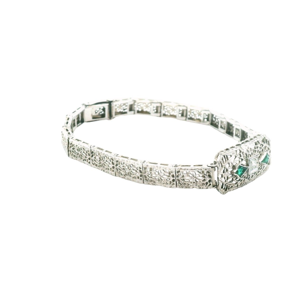 Edwardian 14K White Gold Diamond & Lab Created Emerald Filigree Bracelet