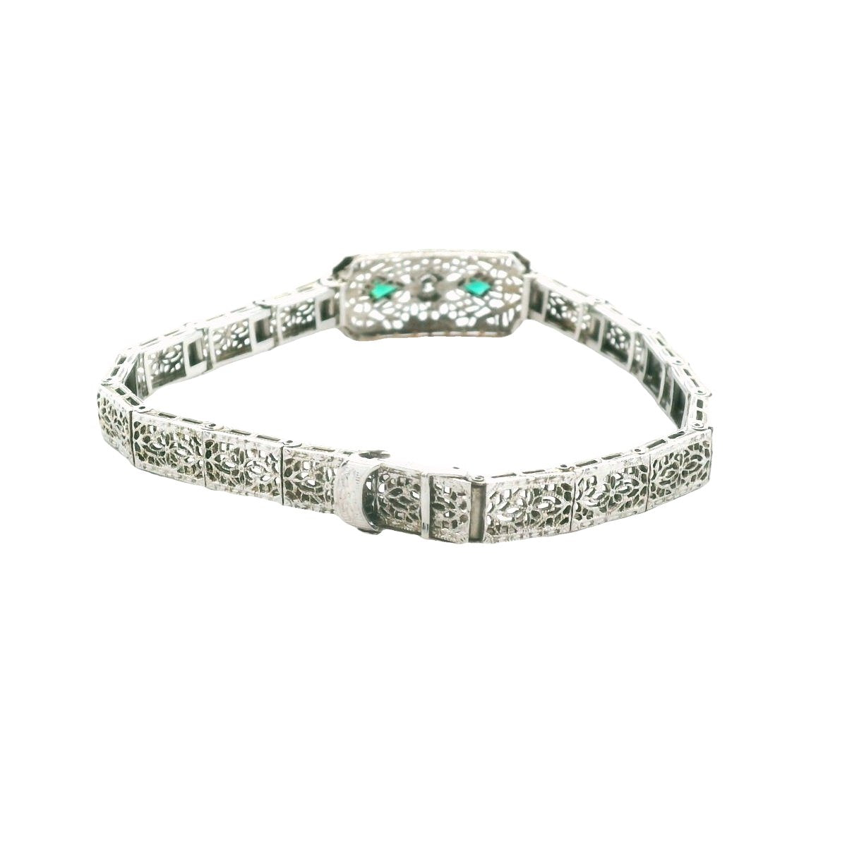 Edwardian 14K White Gold Diamond & Lab Created Emerald Filigree Bracelet