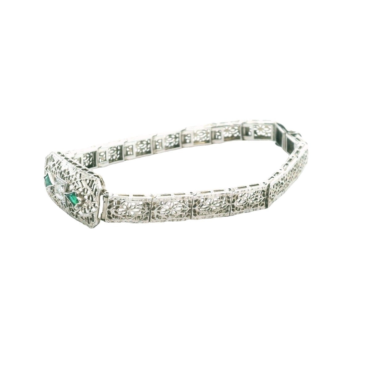 Edwardian 14K White Gold Diamond & Lab Created Emerald Filigree Bracelet