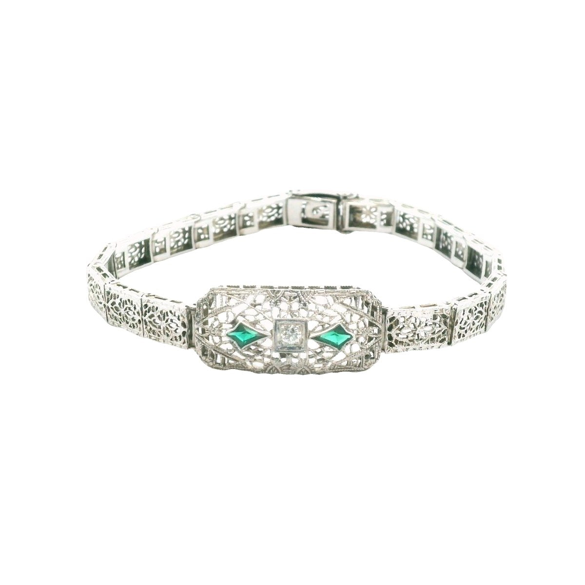 Edwardian 14K White Gold Diamond & Lab Created Emerald Filigree Bracelet