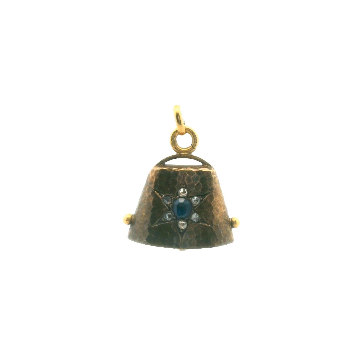 Antique French 18K Yellow Gold Rose Cut Diamond Sapphire Pearl Bell Pendant