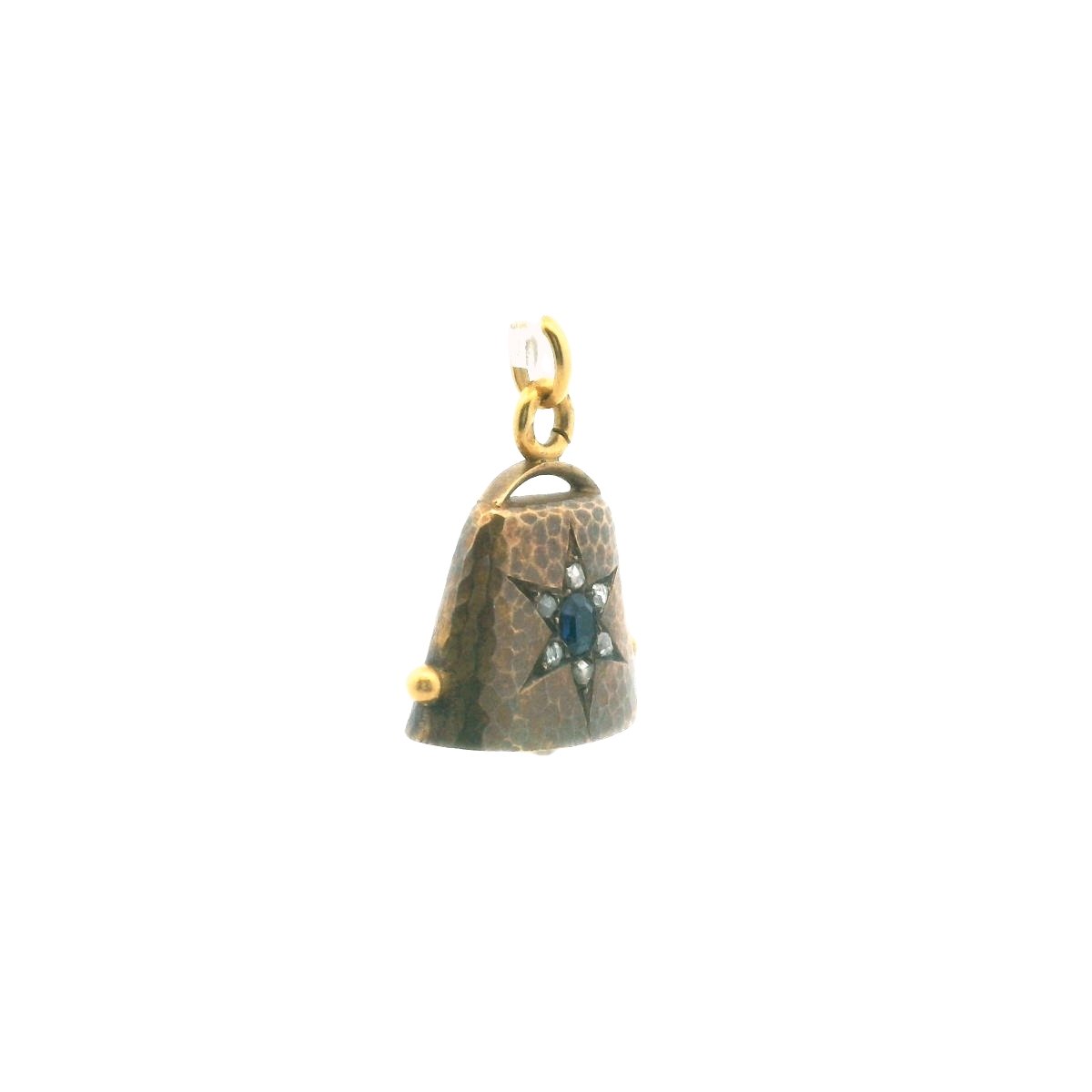 Antique French 18K Yellow Gold Rose Cut Diamond Sapphire Pearl Bell Pendant