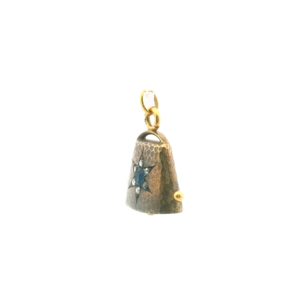 Antique French 18K Yellow Gold Rose Cut Diamond Sapphire Pearl Bell Pendant