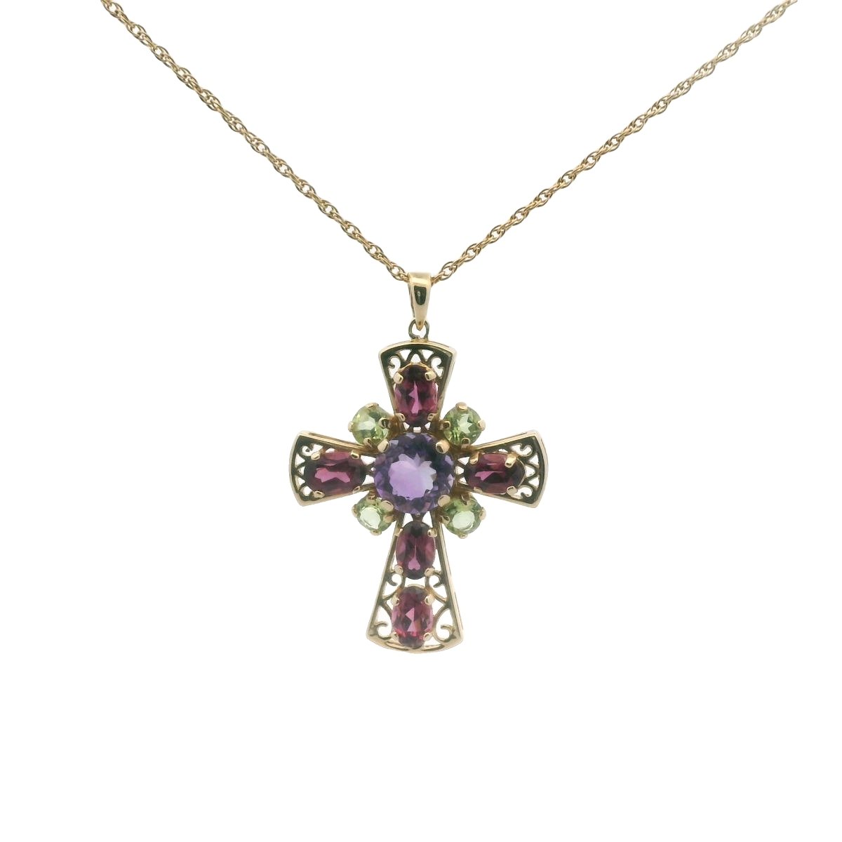 14K Yellow Gold Amethyst Peridot & Garnet Cross Necklace
