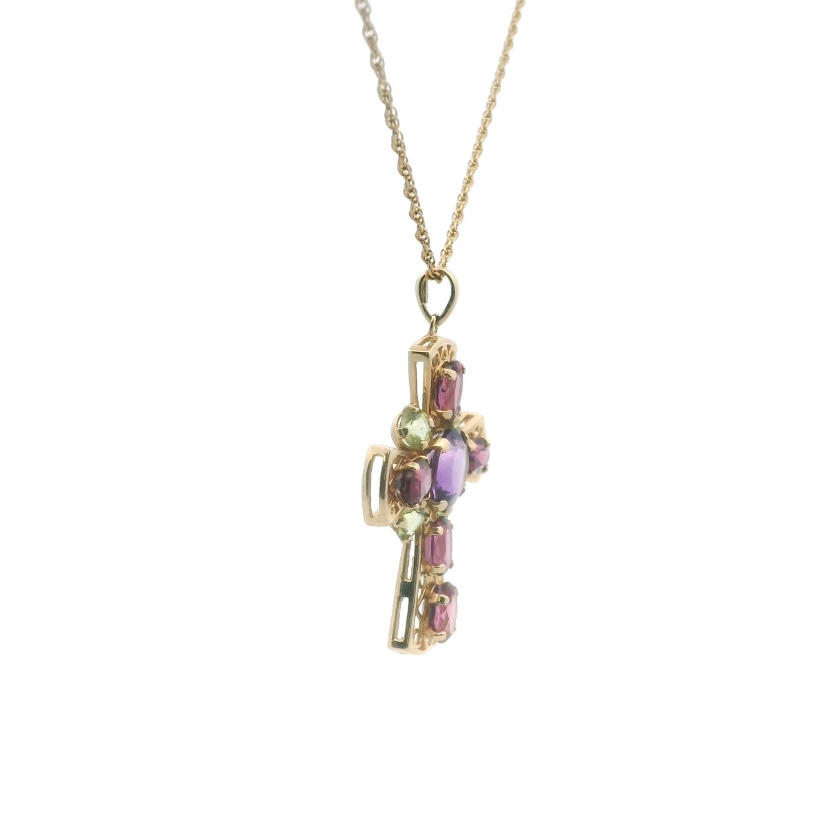 14K Yellow Gold Amethyst Peridot & Garnet Cross Necklace
