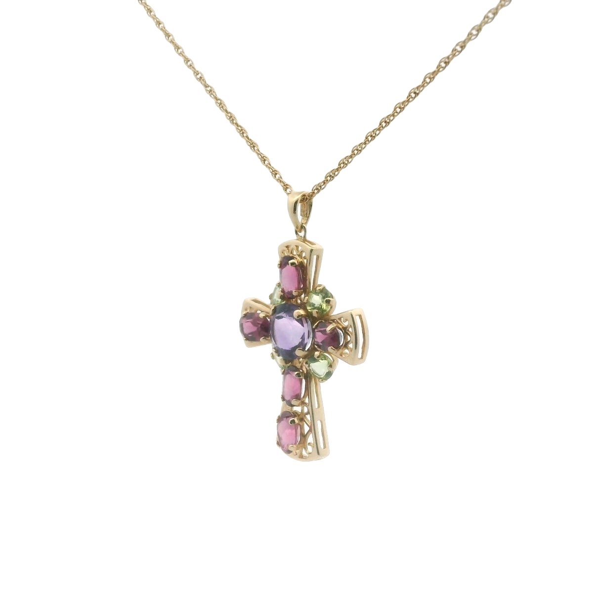 14K Yellow Gold Amethyst Peridot & Garnet Cross Necklace