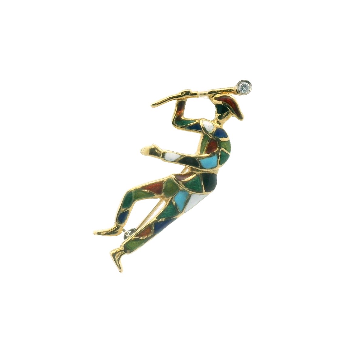 Vintage 18K Yellow Gold Diamond & Enamel Harlequin Brooch