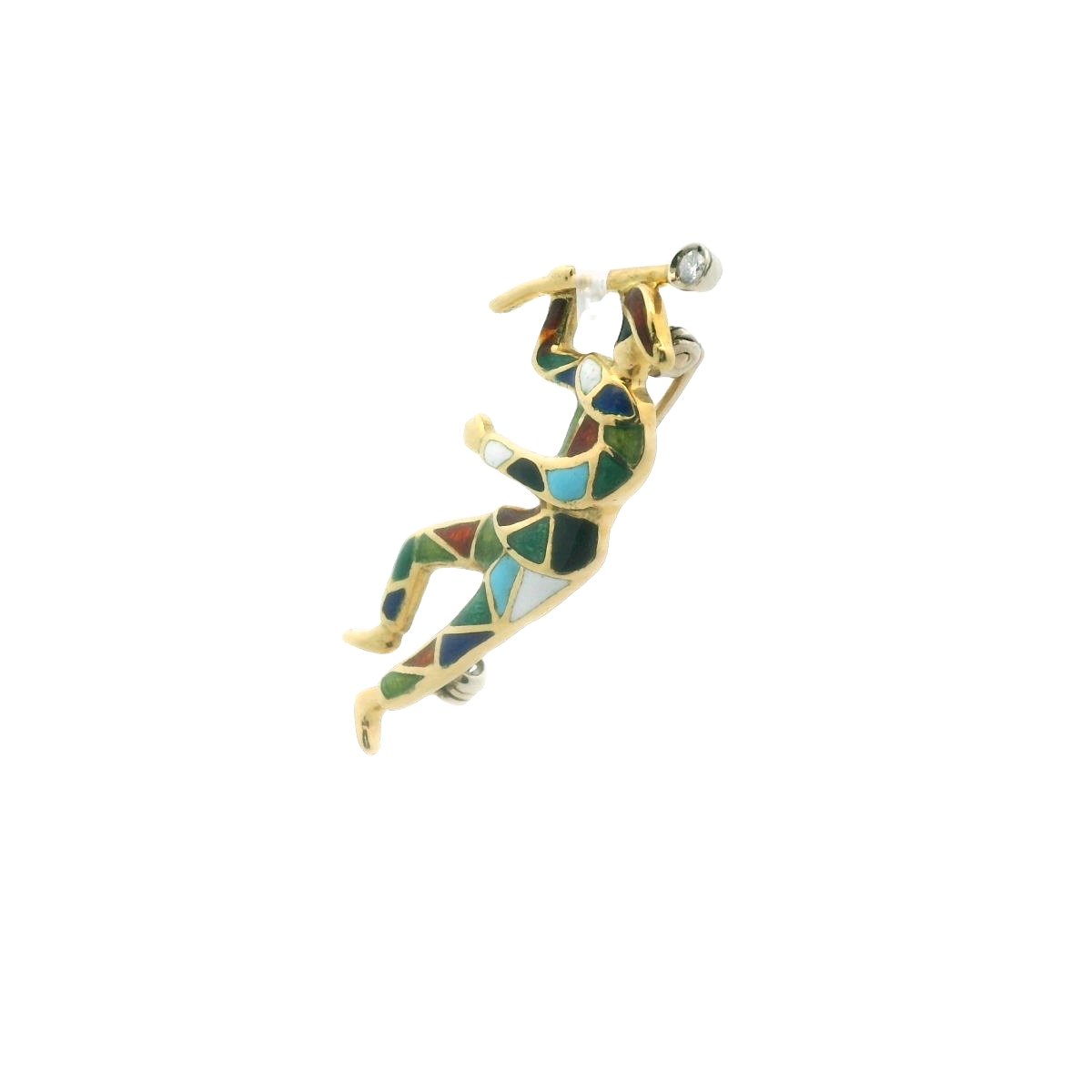 Vintage 18K Yellow Gold Diamond & Enamel Harlequin Brooch