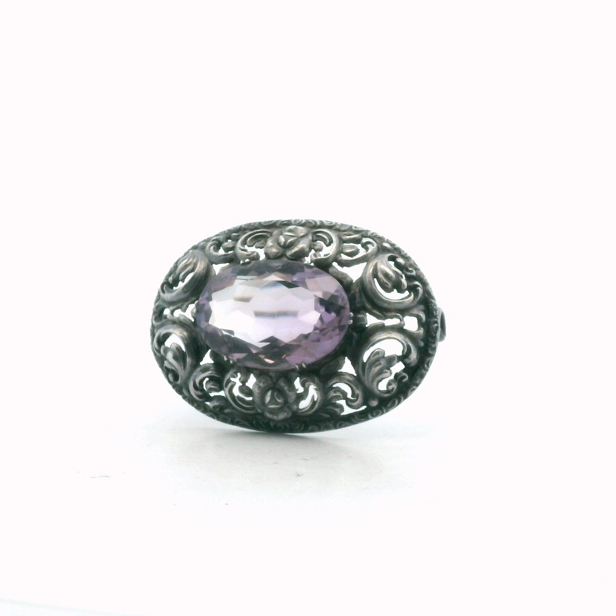 Antique 800 Silver Oval Amethyst Repousse Design Brooch
