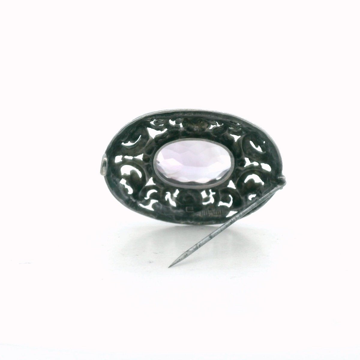 Antique 800 Silver Oval Amethyst Repousse Design Brooch