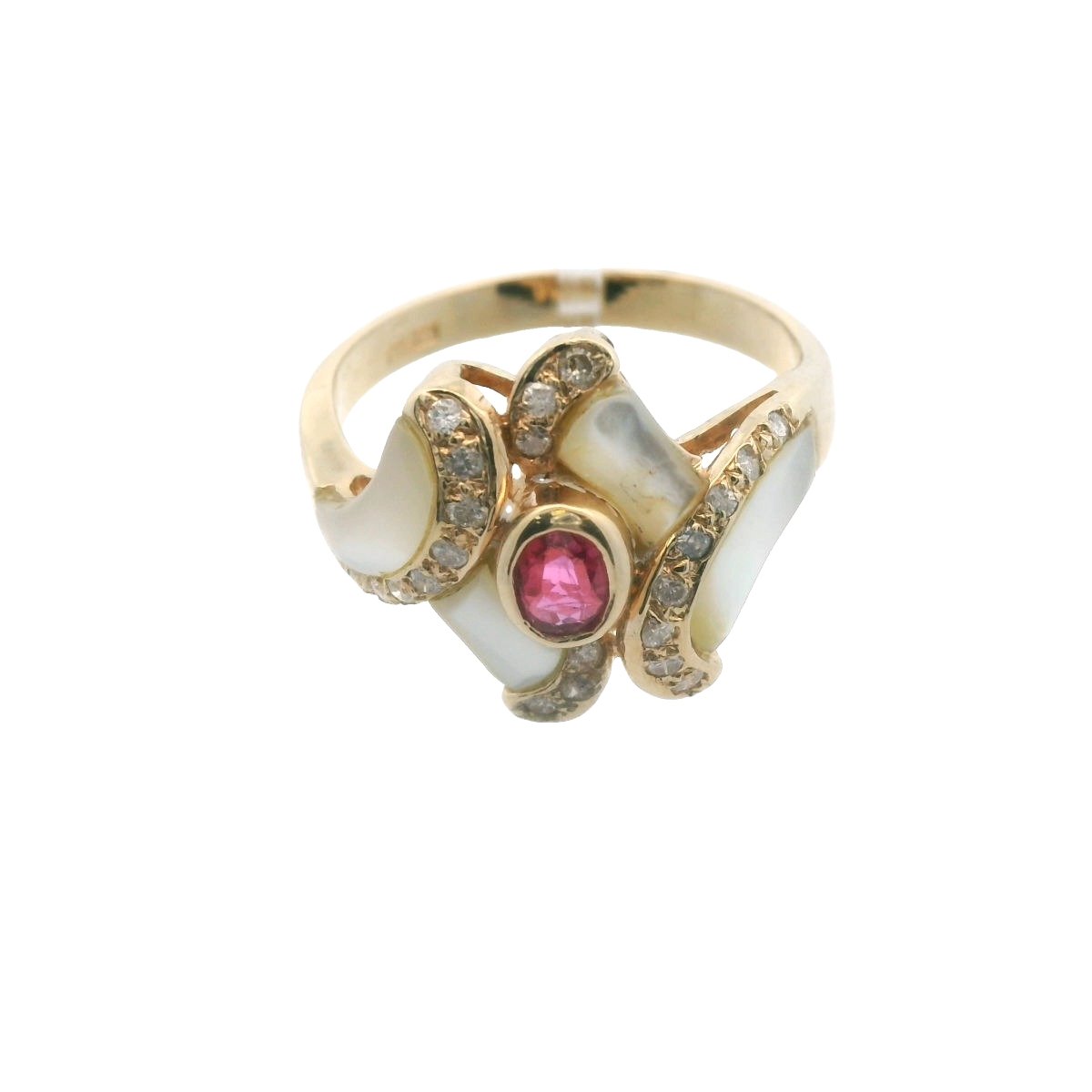14K Yellow Gold Diamond & Ruby Mother of Pearl Bypass Ring