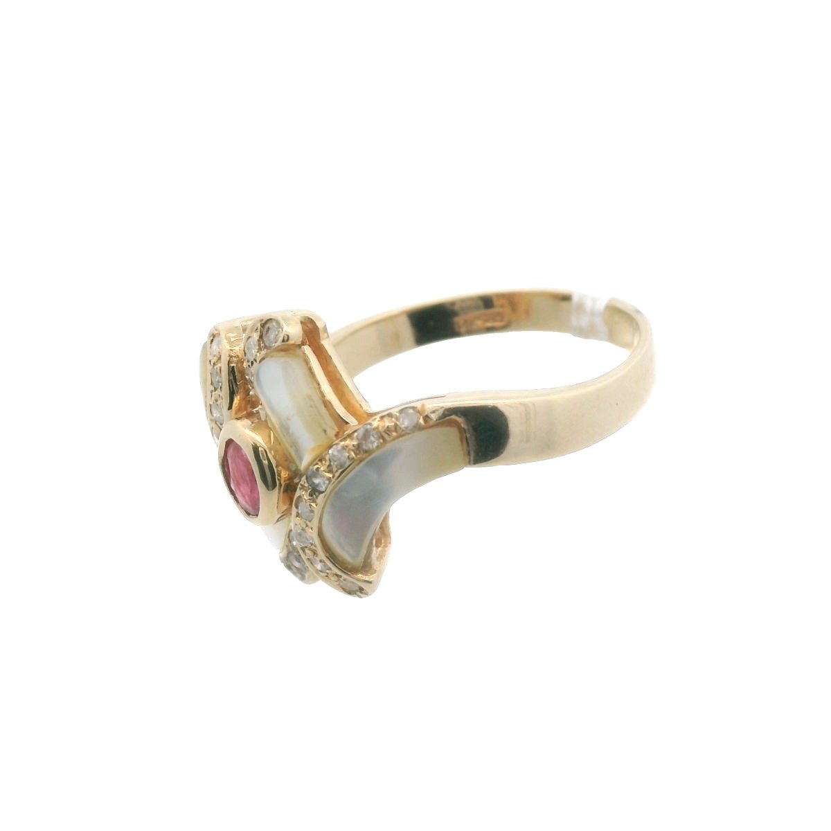 14K Yellow Gold Diamond & Ruby Mother of Pearl Bypass Ring
