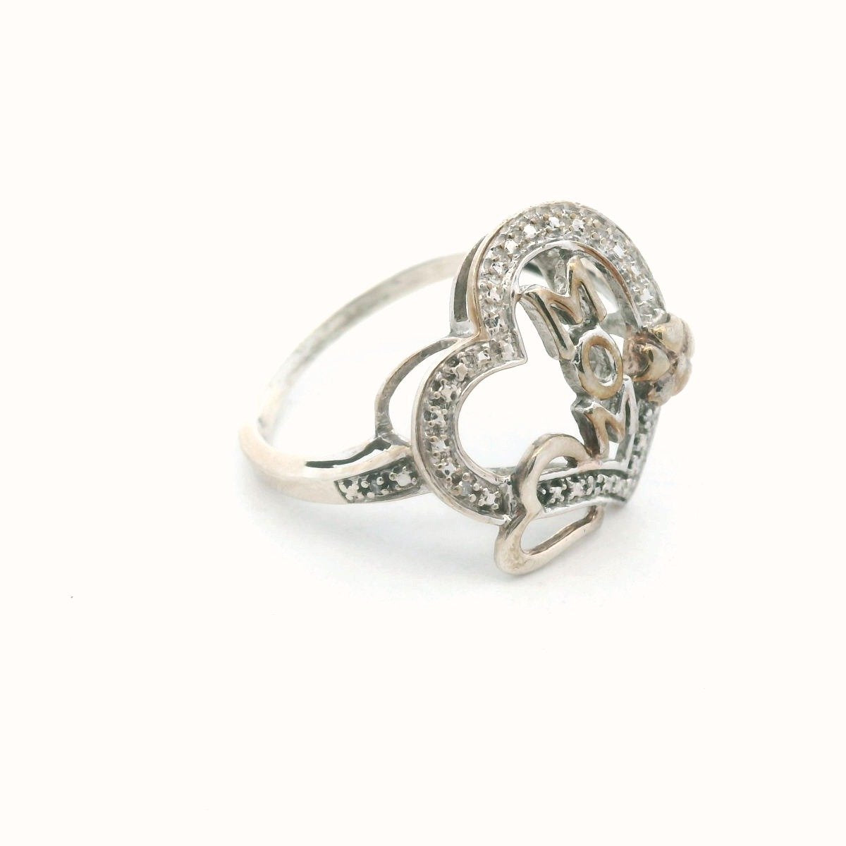 Sterling Silver Diamond Mom Flower Heart Ring