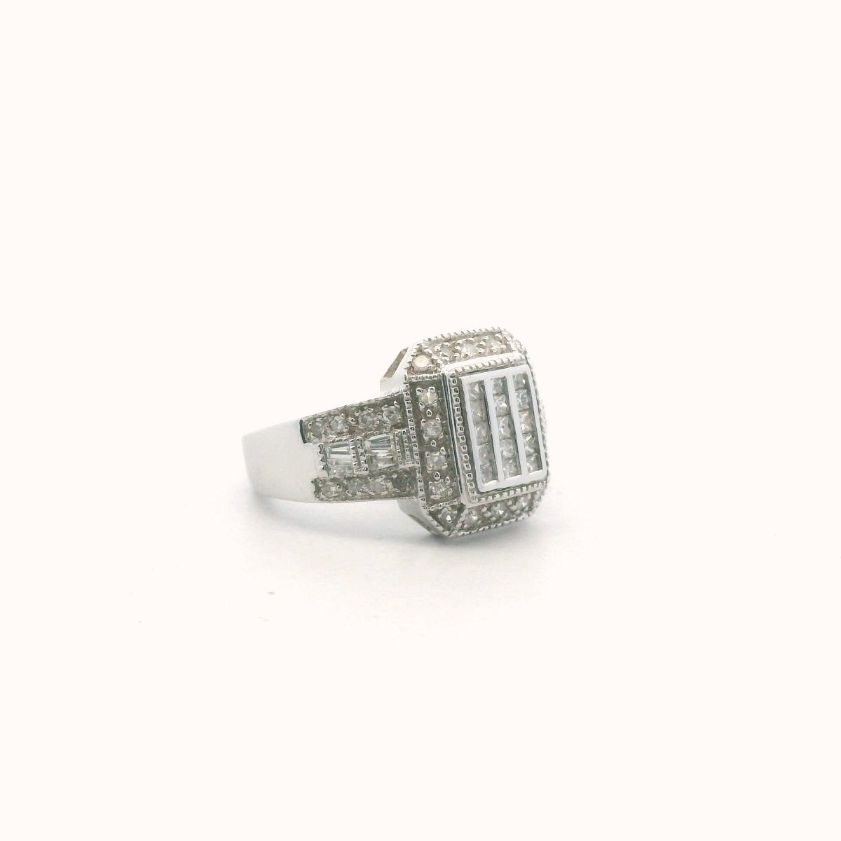 14K White Gold Pave Set Diamond Milgrain Design Ring