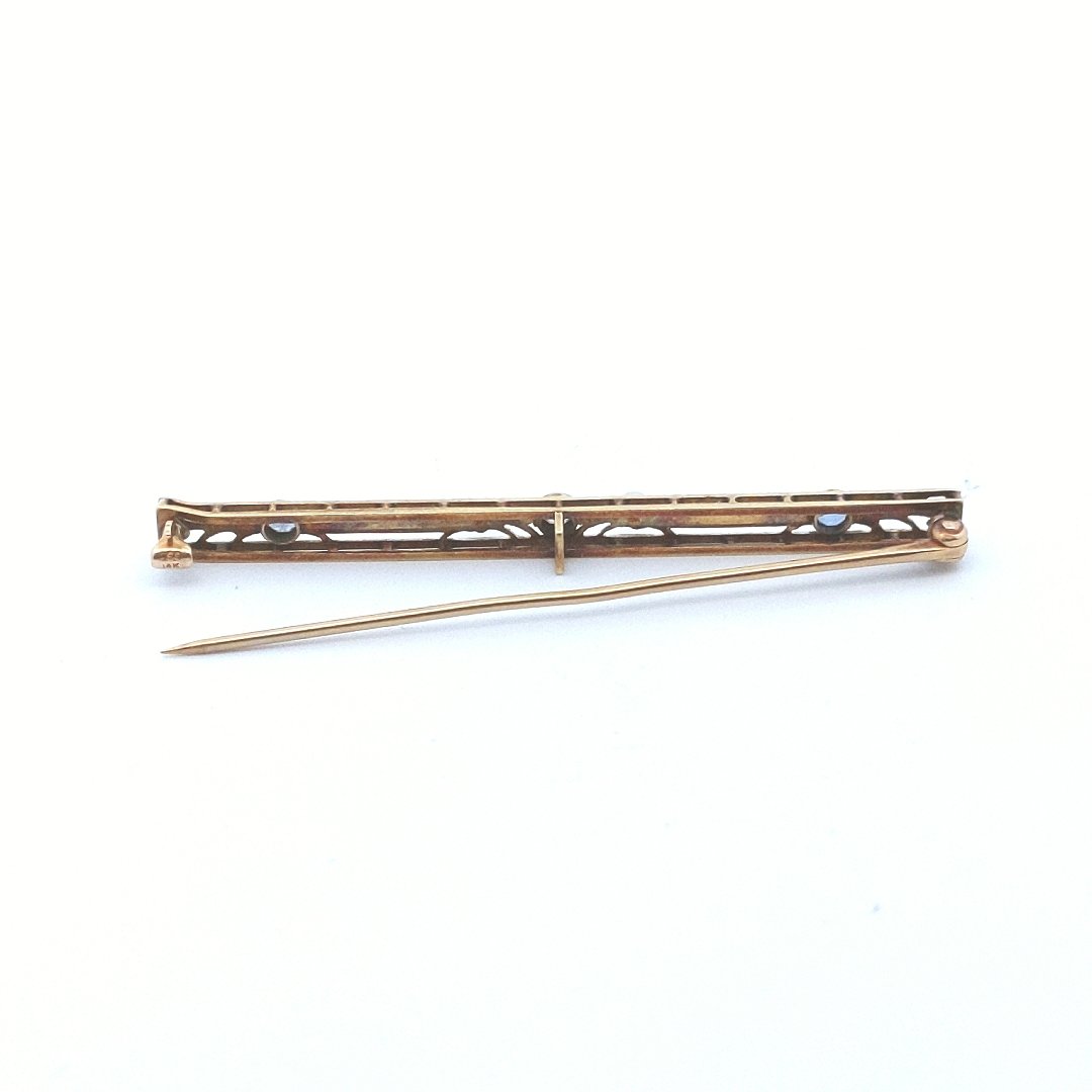 Antique 14K Yellow Gold Platinum Top Sappire Pearl Bar Brooch