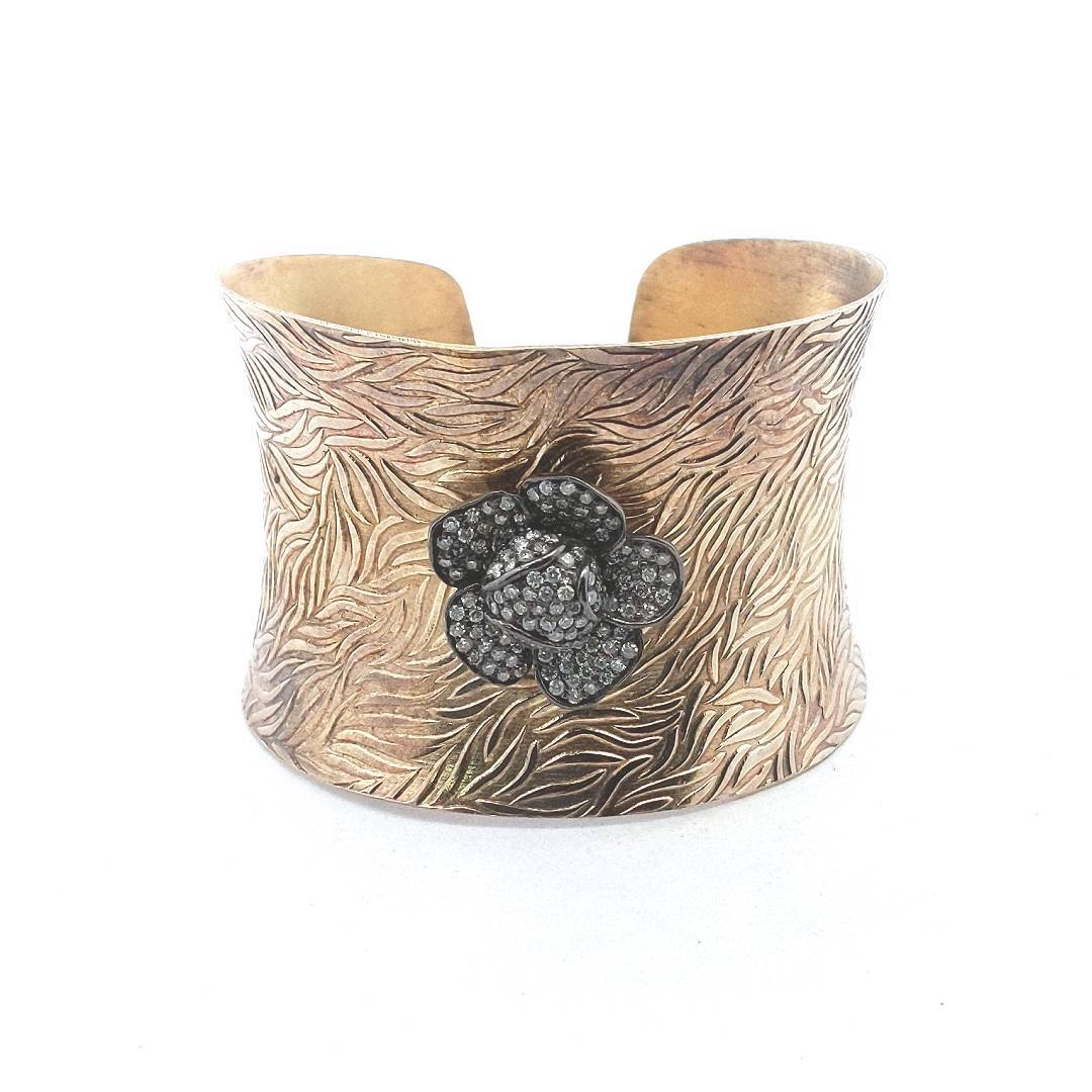 Sterling Silver Pave Set Diamond Rose Textured Cuff Bracelet