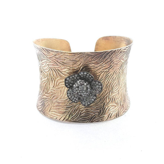 Sterling Silver Pave Set Diamond Rose Textured Cuff Bracelet