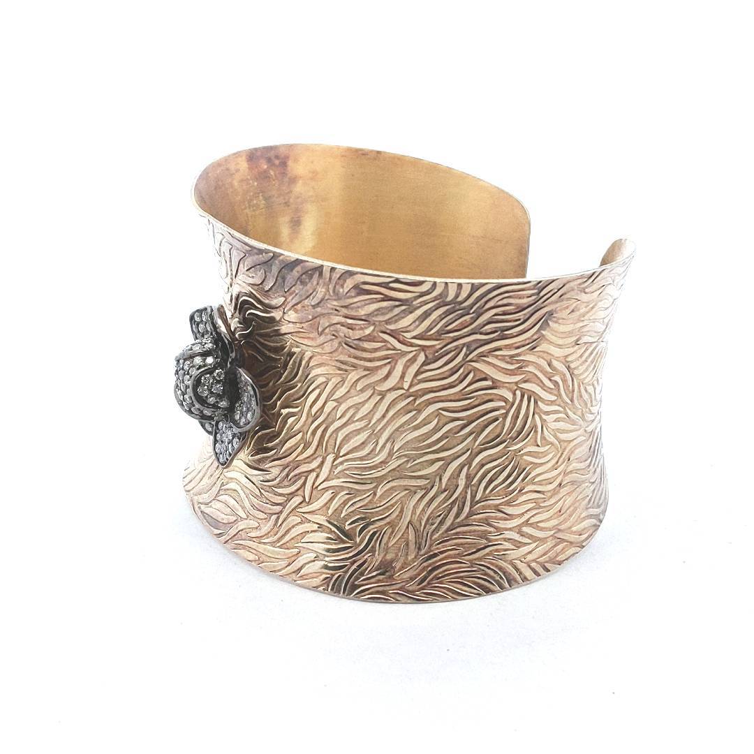 Sterling Silver Pave Set Diamond Rose Textured Cuff Bracelet