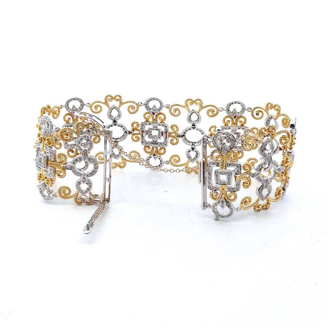 18K Two Tone Gold Diamond Scroll & Rope Design Bracelet
