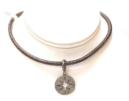 Leather Cord Sterling Silver Diamond Enhancer Star Pendant Necklace