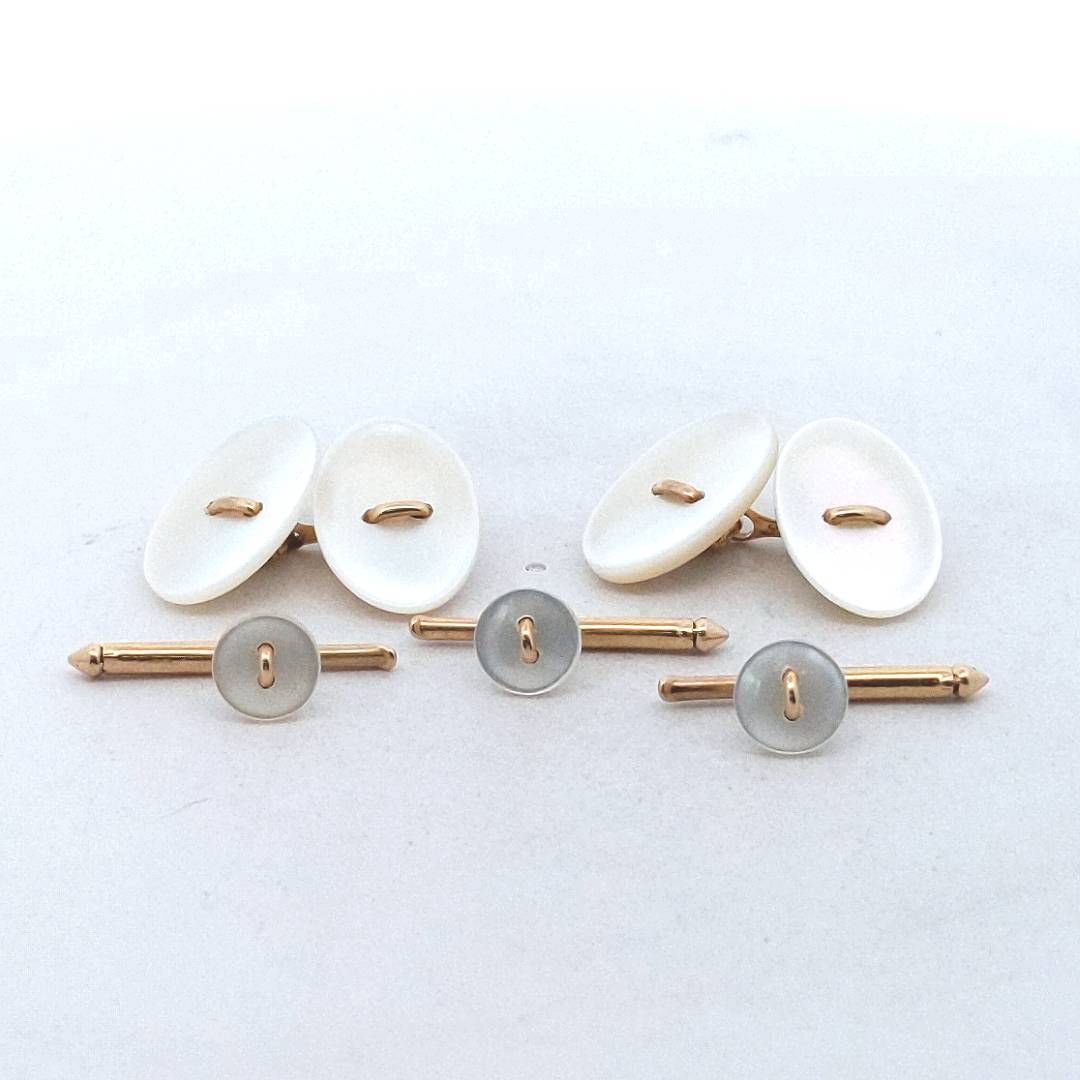 14K Yellow Gold Mother of Pearl Button Studs & Cuff Links Set