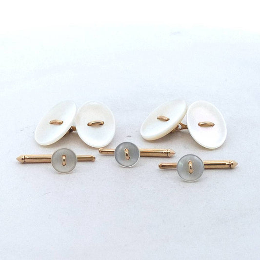 14K Yellow Gold Mother of Pearl Button Studs & Cuff Links Set