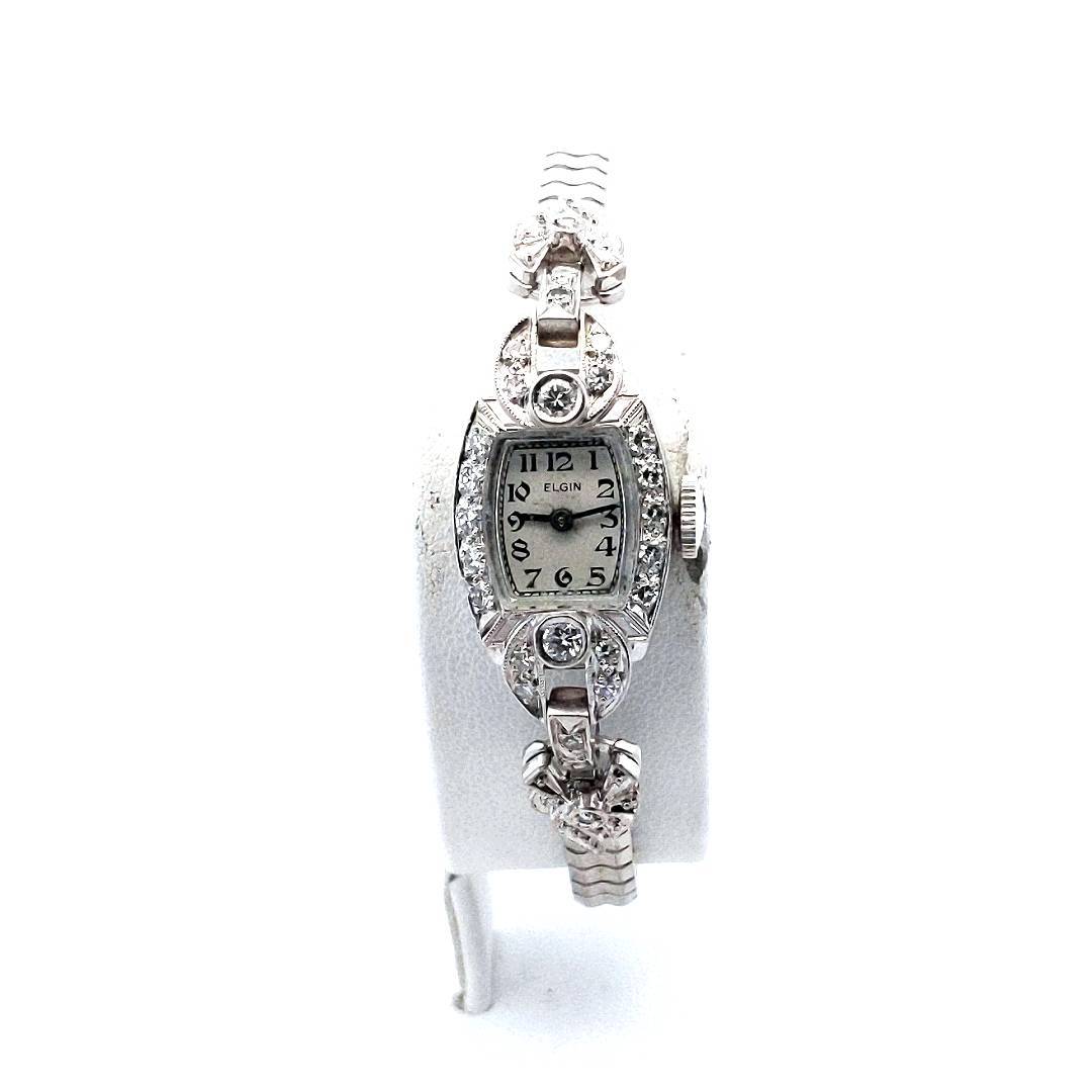 Vintage Platinum & Steel Elgin Manual Wind Diamond Watch