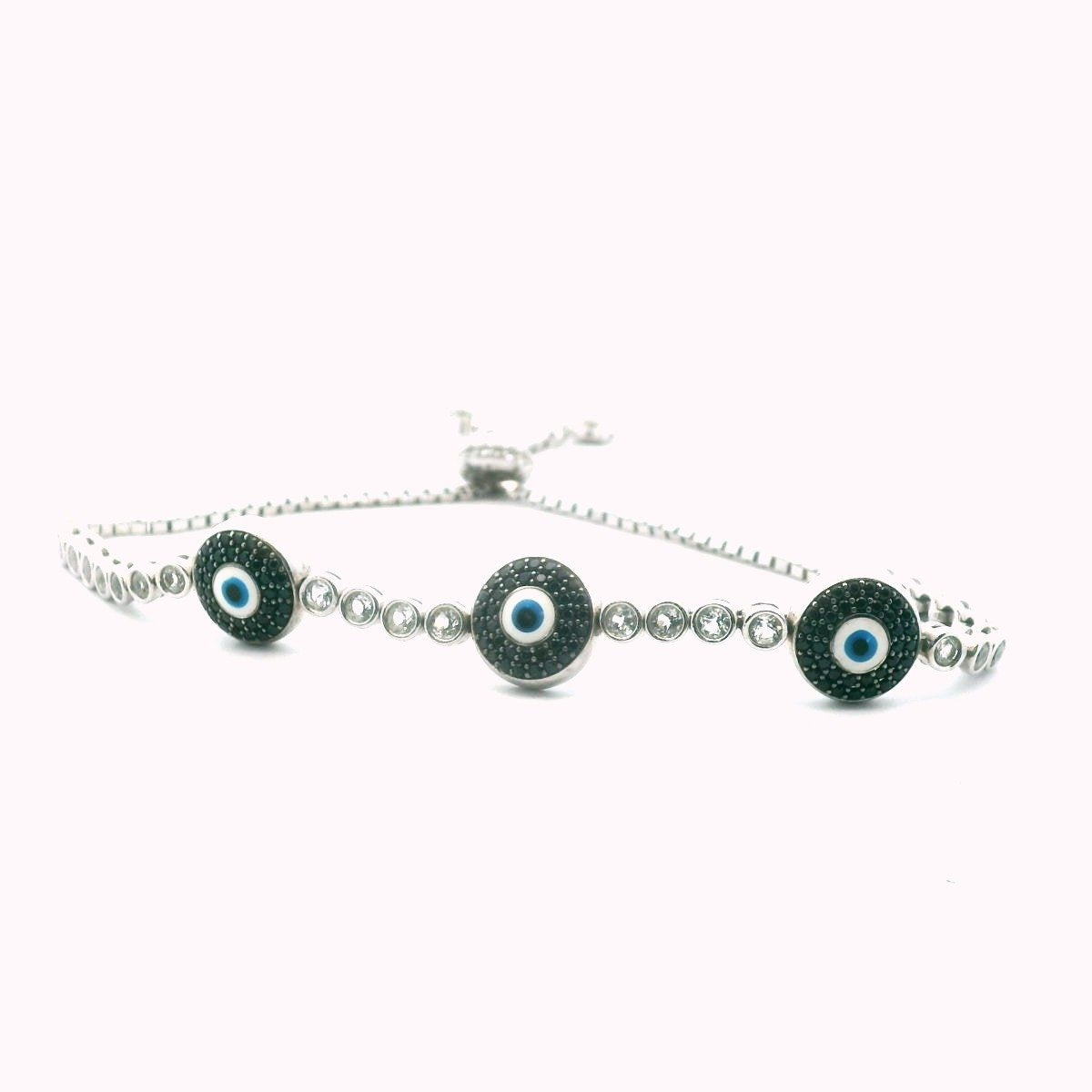 Sterling Silver Adjustable Black Spinel & White Topaz Evil Eye Bracelet