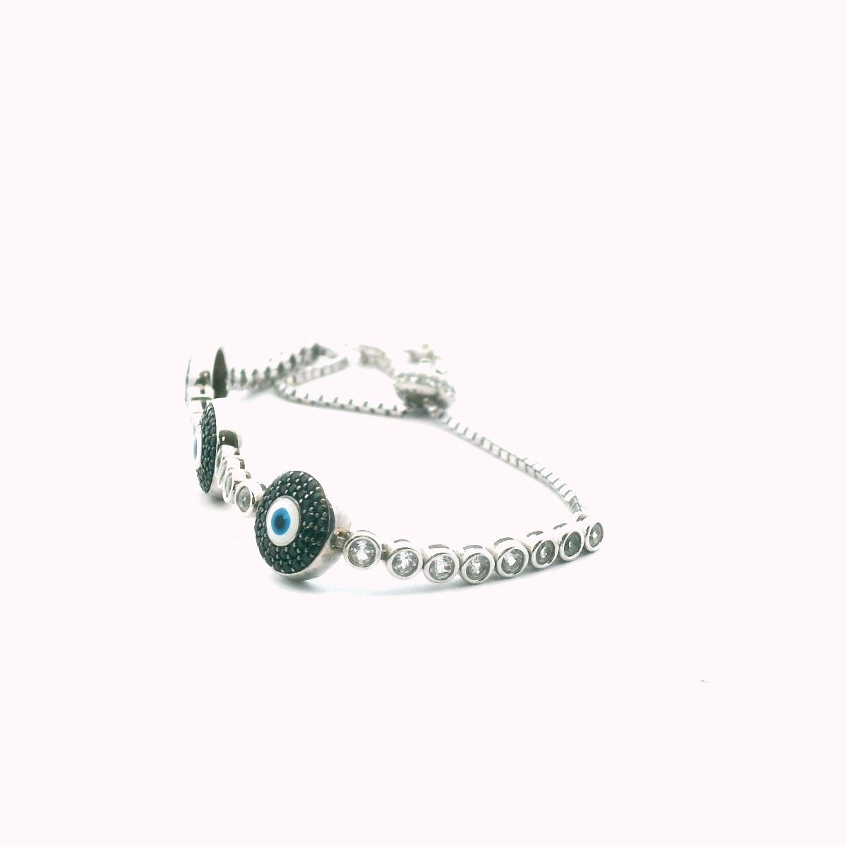 Sterling Silver Adjustable Black Spinel & White Topaz Evil Eye Bracelet