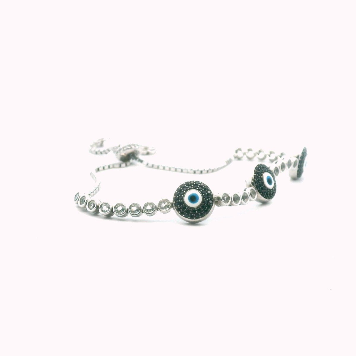 Sterling Silver Adjustable Black Spinel & White Topaz Evil Eye Bracelet