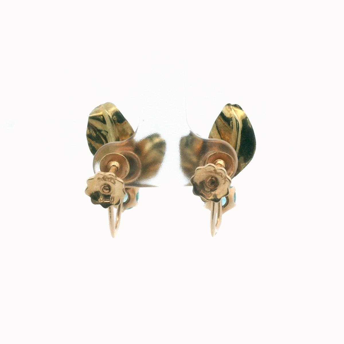 Vintage 14K Yellow Gold Blue Zircon Leaf Design Screwback Earrings