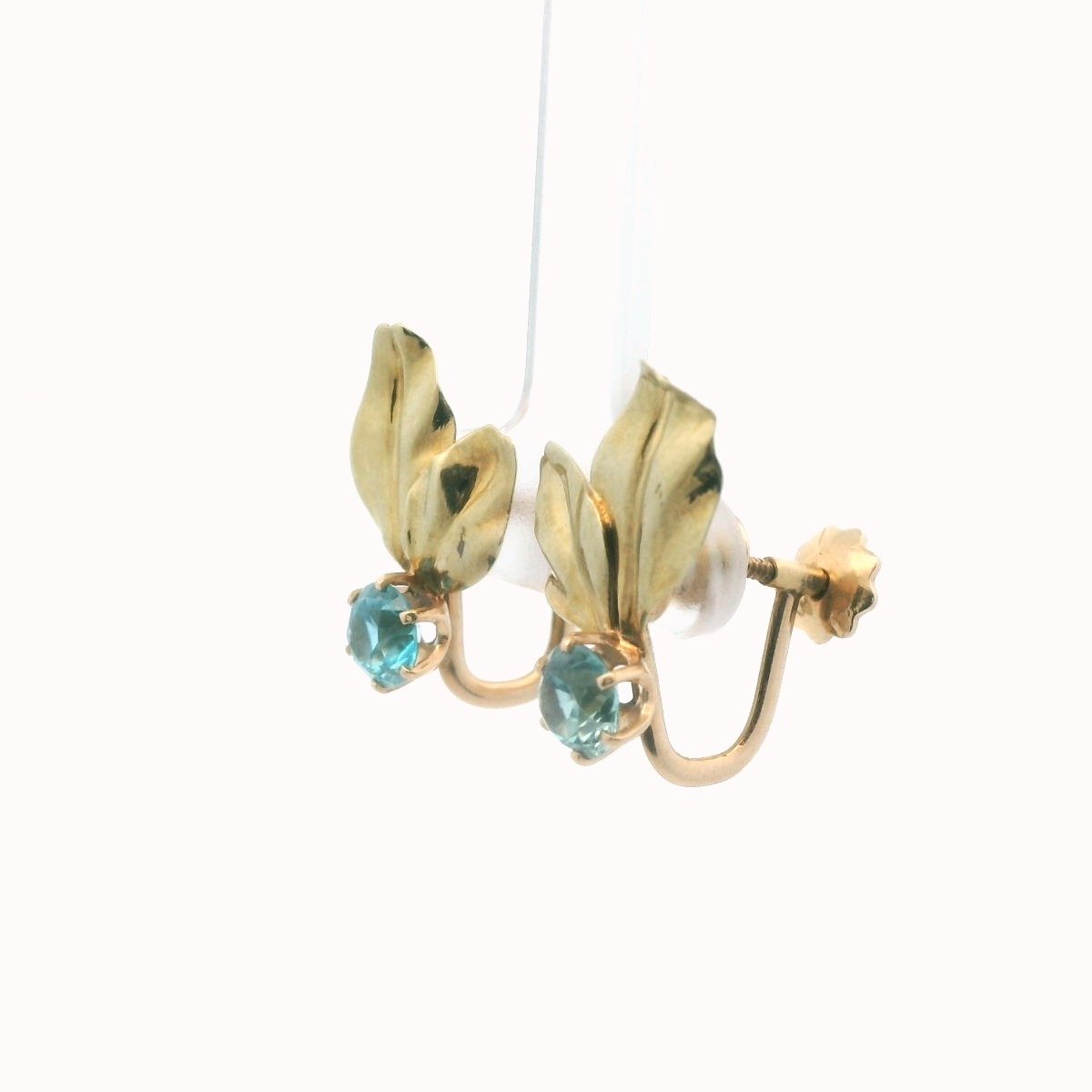 Vintage 14K Yellow Gold Blue Zircon Leaf Design Screwback Earrings