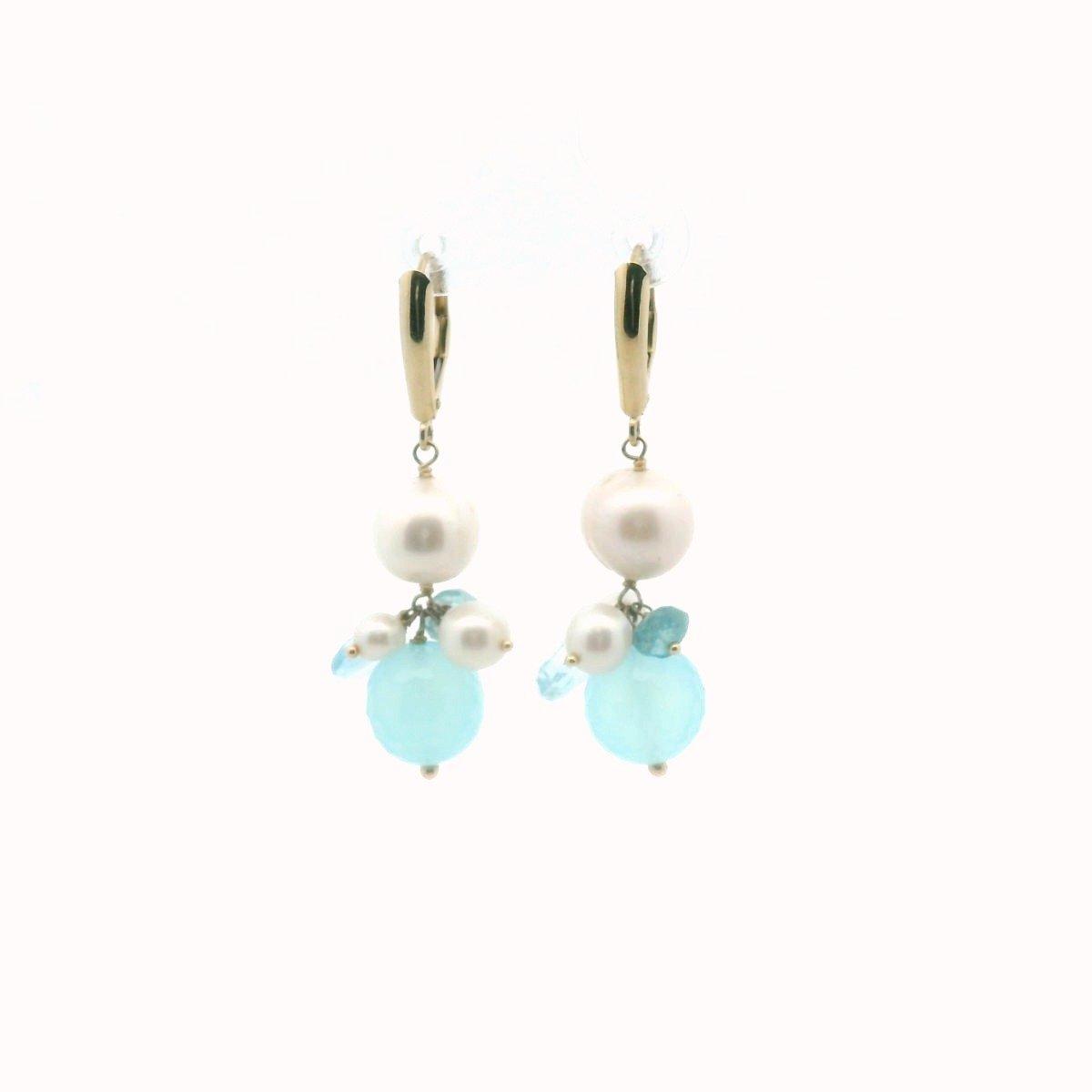 14K Yellow Gold Freshwater Pearl Blue Chalcedony & Blue Topaz Earrings