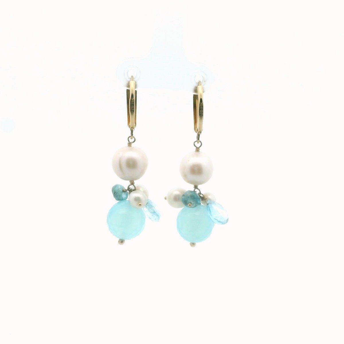 14K Yellow Gold Freshwater Pearl Blue Chalcedony & Blue Topaz Earrings